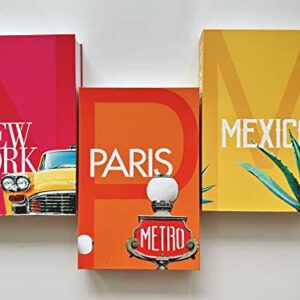 InspireMe Decorative Books for Home Decor, Faux Book Storage Box, Travel Table Books - Paris, New York, Mexico - Set of 3