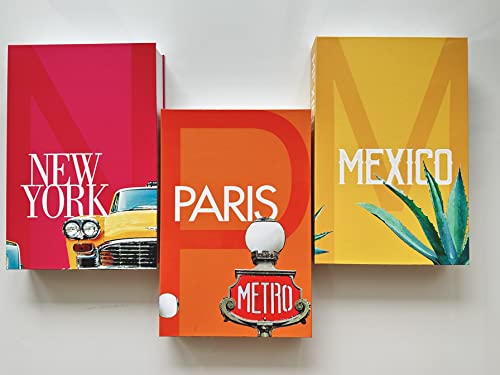 InspireMe Decorative Books for Home Decor, Faux Book Storage Box, Travel Table Books - Paris, New York, Mexico - Set of 3