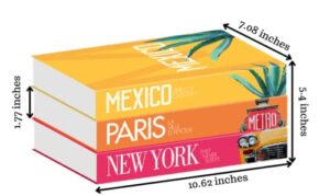 InspireMe Decorative Books for Home Decor, Faux Book Storage Box, Travel Table Books - Paris, New York, Mexico - Set of 3