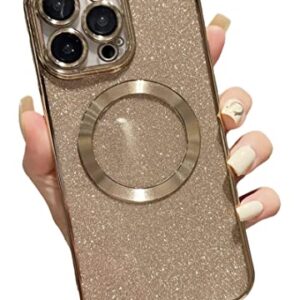 Eiyikof Compatible with iPhone 14 Pro Max 6.7" Magnetic Case [Compatible with MagSafe] with Camera Lens Protector, Luxury Plating Cute Glitter Bling Clear Case for Women Girls Soft TPU Cover-Golden