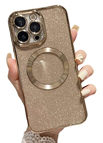 Eiyikof Compatible with iPhone 14 Pro Max 6.7" Magnetic Case [Compatible with MagSafe] with Camera Lens Protector, Luxury Plating Cute Glitter Bling Clear Case for Women Girls Soft TPU Cover-Golden