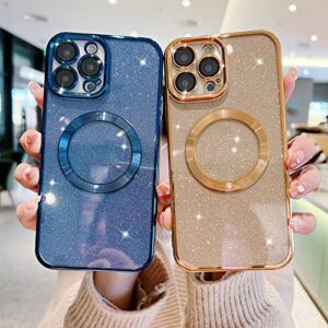 Eiyikof Compatible with iPhone 14 Pro Max 6.7" Magnetic Case [Compatible with MagSafe] with Camera Lens Protector, Luxury Plating Cute Glitter Bling Clear Case for Women Girls Soft TPU Cover-Golden