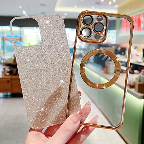 Eiyikof Compatible with iPhone 14 Pro Max 6.7" Magnetic Case [Compatible with MagSafe] with Camera Lens Protector, Luxury Plating Cute Glitter Bling Clear Case for Women Girls Soft TPU Cover-Golden