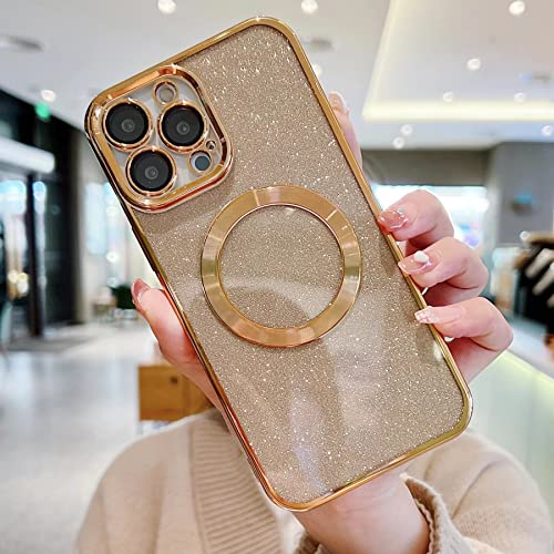 Eiyikof Compatible with iPhone 14 Pro Max 6.7" Magnetic Case [Compatible with MagSafe] with Camera Lens Protector, Luxury Plating Cute Glitter Bling Clear Case for Women Girls Soft TPU Cover-Golden