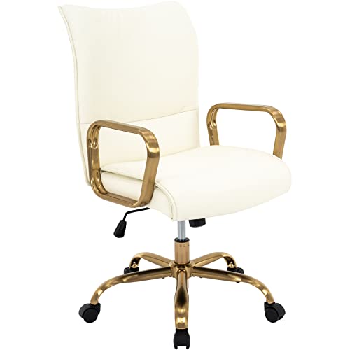 MFD LIVING Home Office Chair, Modern Upholstered Mid-Back PU Leather Task Desk Chair with Arms, Adjustable Rocking Swivel Computer Chair with Wheels (Off-White, Gold Base)