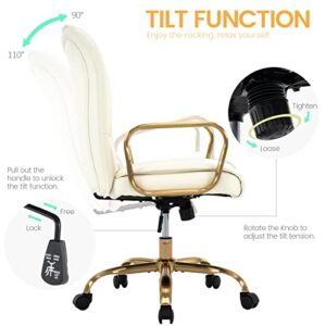 MFD LIVING Home Office Chair, Modern Upholstered Mid-Back PU Leather Task Desk Chair with Arms, Adjustable Rocking Swivel Computer Chair with Wheels (Off-White, Gold Base)