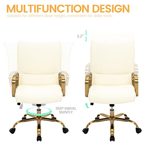 MFD LIVING Home Office Chair, Modern Upholstered Mid-Back PU Leather Task Desk Chair with Arms, Adjustable Rocking Swivel Computer Chair with Wheels (Off-White, Gold Base)