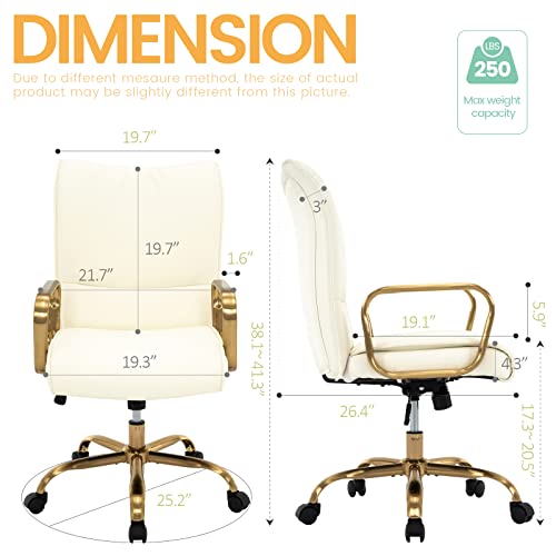 MFD LIVING Home Office Chair, Modern Upholstered Mid-Back PU Leather Task Desk Chair with Arms, Adjustable Rocking Swivel Computer Chair with Wheels (Off-White, Gold Base)