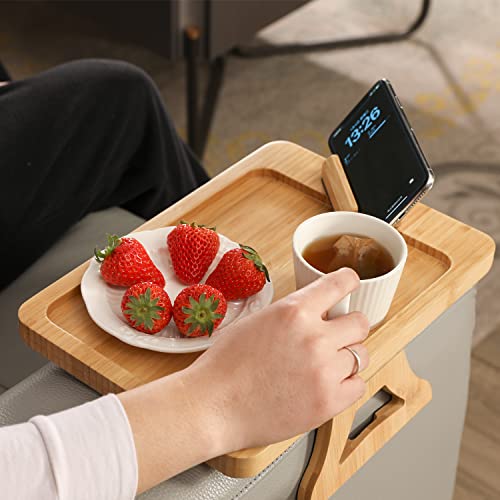 GEHE Bamboo Couch Arm Table for Wide Couches Arm, Foldable Sofa Arm Tray Clip Table with 360° Rotating Phone Holder, Portable Couch Arm Tray/Armrest Tray for Eating and Drink Tray Table