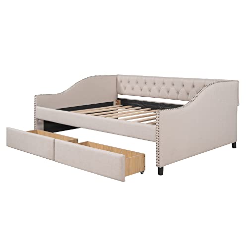 Upholstered Full Daybed with Two Storage Drawers, Full Size Button Tufted Sofa Bed Daybed with Nailhead Trim and Wood Slat Support (Beige Fabric)