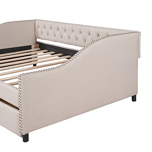 Upholstered Full Daybed with Two Storage Drawers, Full Size Button Tufted Sofa Bed Daybed with Nailhead Trim and Wood Slat Support (Beige Fabric)