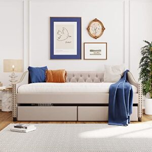 upholstered full daybed with two storage drawers, full size button tufted sofa bed daybed with nailhead trim and wood slat support (beige fabric)