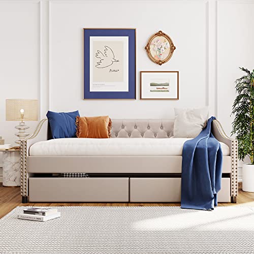 Upholstered Full Daybed with Two Storage Drawers, Full Size Button Tufted Sofa Bed Daybed with Nailhead Trim and Wood Slat Support (Beige Fabric)