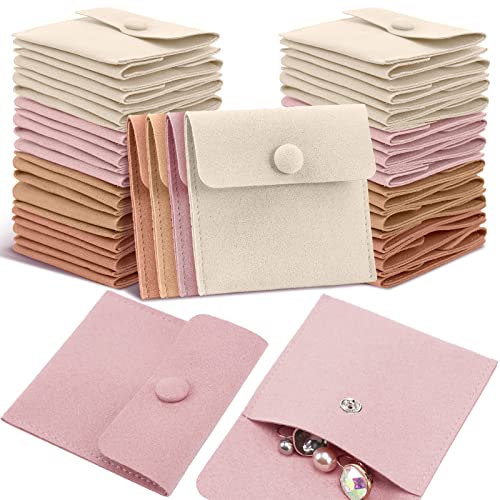 Microfiber Jewelry Pouch 8x8cm, Jewelry Packaging Bag Luxury Small Jewelry Gift Bags Package Snap Button with Divider Microfiber Bag for Bracelet Necklace Packaging (Pink, Beige, Khaki, Brown, 40 Pcs)