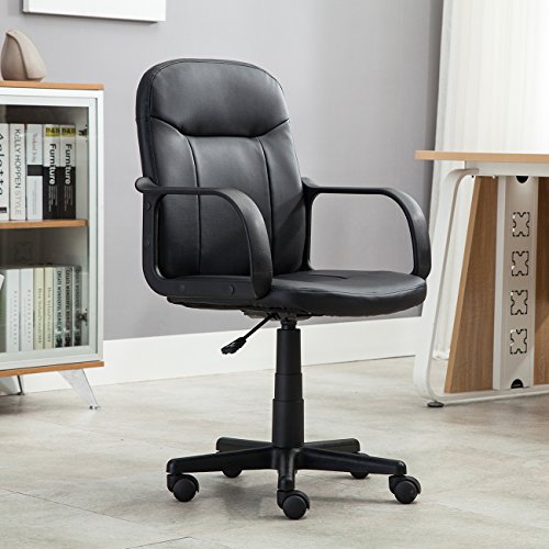 BELLEZE Faux Leather Computer Desk with Arms, Mid Back Ergonomic Executive Office Task Chair, Adjustable with Swivel for Home Workstation - Harper (Black)