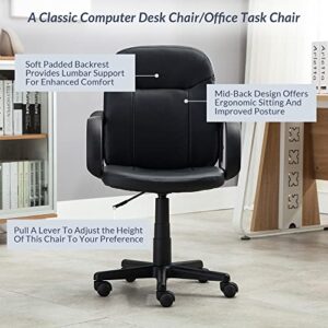 BELLEZE Faux Leather Computer Desk with Arms, Mid Back Ergonomic Executive Office Task Chair, Adjustable with Swivel for Home Workstation - Harper (Black)