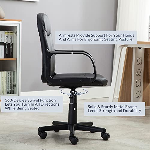 BELLEZE Faux Leather Computer Desk with Arms, Mid Back Ergonomic Executive Office Task Chair, Adjustable with Swivel for Home Workstation - Harper (Black)