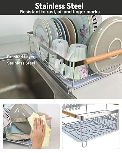 FLIORS Dish Drying Rack Stainless Steel, Dish Racks for Ditchen Counter, Rotating Spout, Detachable Draining Board, Scratch Proof, Rust Proof, Dish Rack for Cups, Cutlery and Cutting Boards