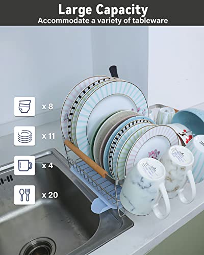 FLIORS Dish Drying Rack Stainless Steel, Dish Racks for Ditchen Counter, Rotating Spout, Detachable Draining Board, Scratch Proof, Rust Proof, Dish Rack for Cups, Cutlery and Cutting Boards