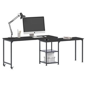 soges Reversible L Shaped Desk, 360° Free Rotating Corner Computer Desk, 55 inch L Desk with Storage Shelves for Home Office, Modern Study Writing Table Workstation, Black