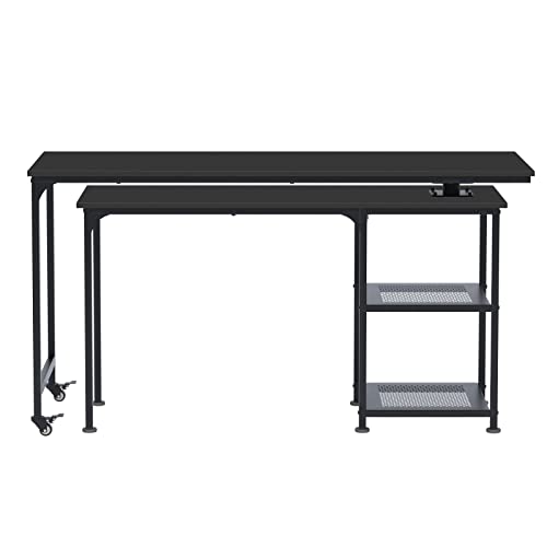 soges Reversible L Shaped Desk, 360° Free Rotating Corner Computer Desk, 55 inch L Desk with Storage Shelves for Home Office, Modern Study Writing Table Workstation, Black