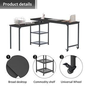 soges Reversible L Shaped Desk, 360° Free Rotating Corner Computer Desk, 55 inch L Desk with Storage Shelves for Home Office, Modern Study Writing Table Workstation, Black