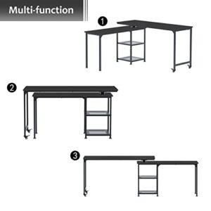 soges Reversible L Shaped Desk, 360° Free Rotating Corner Computer Desk, 55 inch L Desk with Storage Shelves for Home Office, Modern Study Writing Table Workstation, Black