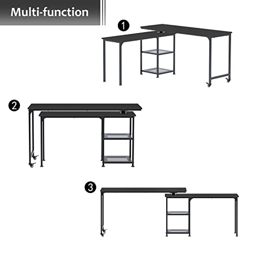 soges Reversible L Shaped Desk, 360° Free Rotating Corner Computer Desk, 55 inch L Desk with Storage Shelves for Home Office, Modern Study Writing Table Workstation, Black