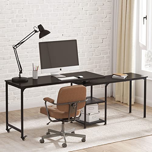 soges Reversible L Shaped Desk, 360° Free Rotating Corner Computer Desk, 55 inch L Desk with Storage Shelves for Home Office, Modern Study Writing Table Workstation, Black