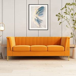 Kadway Velvet Sofa Couch for 3-4 Persons, 83" Mid-Century Modern Couch with Gold Metal Legs, Chesterfield Sofa 3 Seater Sectional Couches, Large Load Sofa Couch for Living Room Office Hotel Orange