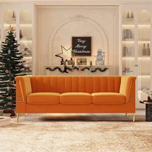 kadway velvet sofa couch for 3-4 persons, 83" mid-century modern couch with gold metal legs, chesterfield sofa 3 seater sectional couches, large load sofa couch for living room office hotel orange