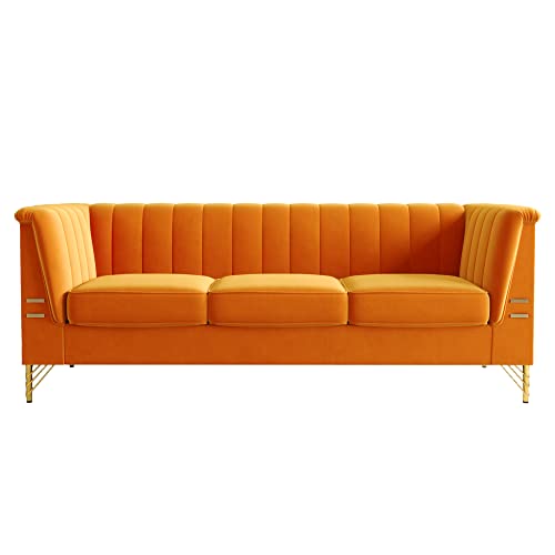 Kadway Velvet Sofa Couch for 3-4 Persons, 83" Mid-Century Modern Couch with Gold Metal Legs, Chesterfield Sofa 3 Seater Sectional Couches, Large Load Sofa Couch for Living Room Office Hotel Orange