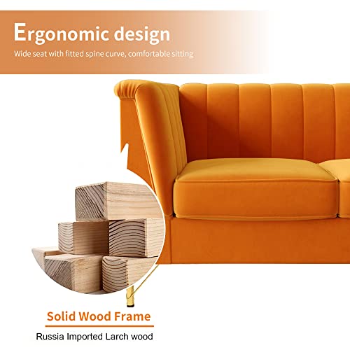 Kadway Velvet Sofa Couch for 3-4 Persons, 83" Mid-Century Modern Couch with Gold Metal Legs, Chesterfield Sofa 3 Seater Sectional Couches, Large Load Sofa Couch for Living Room Office Hotel Orange