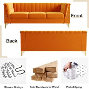 Kadway Velvet Sofa Couch for 3-4 Persons, 83" Mid-Century Modern Couch with Gold Metal Legs, Chesterfield Sofa 3 Seater Sectional Couches, Large Load Sofa Couch for Living Room Office Hotel Orange