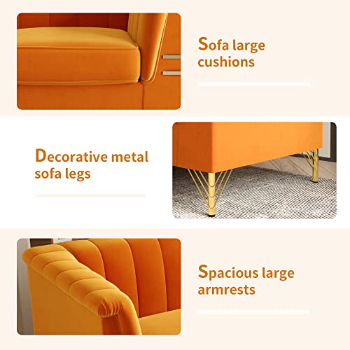 Kadway Velvet Sofa Couch for 3-4 Persons, 83" Mid-Century Modern Couch with Gold Metal Legs, Chesterfield Sofa 3 Seater Sectional Couches, Large Load Sofa Couch for Living Room Office Hotel Orange