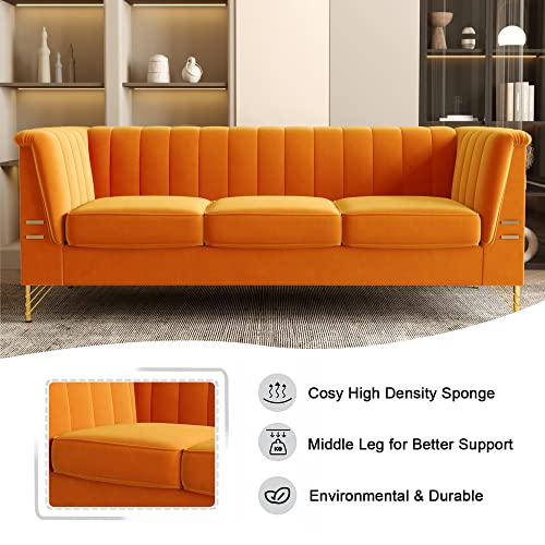 Kadway Velvet Sofa Couch for 3-4 Persons, 83" Mid-Century Modern Couch with Gold Metal Legs, Chesterfield Sofa 3 Seater Sectional Couches, Large Load Sofa Couch for Living Room Office Hotel Orange