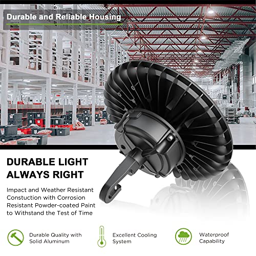 UFO LED High Bay Light 200W LED Warehouse Lights IP65 for Wet Location LED Commercial Area Lighting Fixture for Gym Factory Warehouse ETL Certified 5' Cable 5000K 1-10V Dimmable 28000LM Black 4Pack