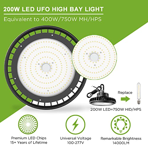 UFO LED High Bay Light 200W LED Warehouse Lights IP65 for Wet Location LED Commercial Area Lighting Fixture for Gym Factory Warehouse ETL Certified 5' Cable 5000K 1-10V Dimmable 28000LM Black 4Pack