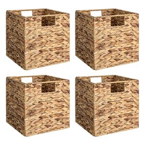 StorageWorks Wicker Storage Cubes with Liners, Water Hyacinth Storage Baskets for Shelving, Handwoven Square Baskets with Built-in Handles, Medium, 4 Pack