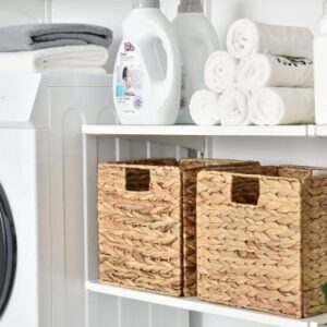 StorageWorks Wicker Storage Cubes with Liners, Water Hyacinth Storage Baskets for Shelving, Handwoven Square Baskets with Built-in Handles, Medium, 4 Pack