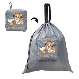 travel laundry bags with handles and carabiner, foldable dirty laundry travel bag with cute corgi pattern, 24"l x 21"w dirty clothes bag for traveling,college laundry bag, corgi gifts for corgi lovers