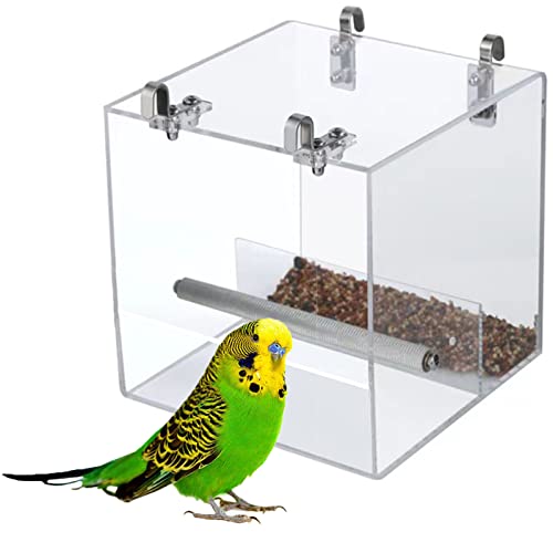 Bird Feeder No Mess Seed Catcher Tray Cage, Transparent Bird Feeder Cage with Stainless Steel Hooks for Small Bird Canary Parakeet Budgerigar Parrots Crested Myna Cockatiel Lovebird