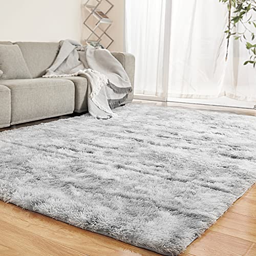 LFHHT Area Rug 6x9 for Living Room Bedroom, Large Grey Fluffy Shag Area Rugs for Nursery Dorm Room Home Decor, Carpet Shaggy Fuzzy Rugs for Kids Girls Boys, Tie-Dyed Light Grey