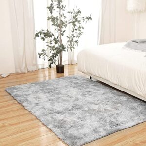 LFHHT Area Rug 6x9 for Living Room Bedroom, Large Grey Fluffy Shag Area Rugs for Nursery Dorm Room Home Decor, Carpet Shaggy Fuzzy Rugs for Kids Girls Boys, Tie-Dyed Light Grey