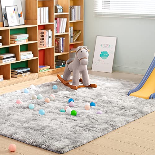 LFHHT Area Rug 6x9 for Living Room Bedroom, Large Grey Fluffy Shag Area Rugs for Nursery Dorm Room Home Decor, Carpet Shaggy Fuzzy Rugs for Kids Girls Boys, Tie-Dyed Light Grey