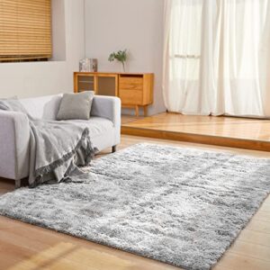 LFHHT Area Rug 6x9 for Living Room Bedroom, Large Grey Fluffy Shag Area Rugs for Nursery Dorm Room Home Decor, Carpet Shaggy Fuzzy Rugs for Kids Girls Boys, Tie-Dyed Light Grey