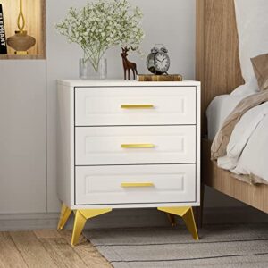 giluta 3 drawers nightstand, modern bedside table with solid metal legs & handles, white gold wood chest of drawers, sofa end side table for bedroom living room hallway, 15.75" d x 19.7" w x 24" h