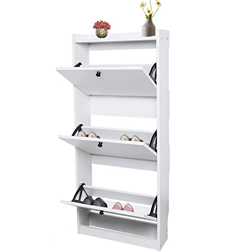 ZHFEISY 3 Tier Shoe Cabinet Shoe Storage Cabinet Tipping Bucket Design Shoe Cabinet White Shoe Rack for Entryway Hallway