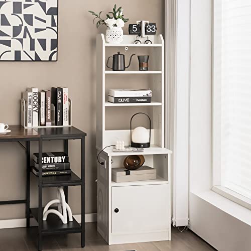 GOFLAME Nightstand with Charging Station and USB Ports, 56” Tall Bedside Table with Adjustable Open Shelves, Storage Cabinet, End Table Sofa Side Table with Bookcase for Home Office (White)