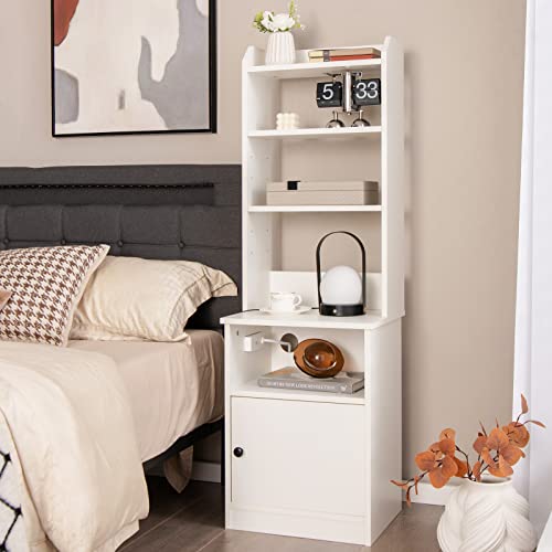 GOFLAME Nightstand with Charging Station and USB Ports, 56” Tall Bedside Table with Adjustable Open Shelves, Storage Cabinet, End Table Sofa Side Table with Bookcase for Home Office (White)